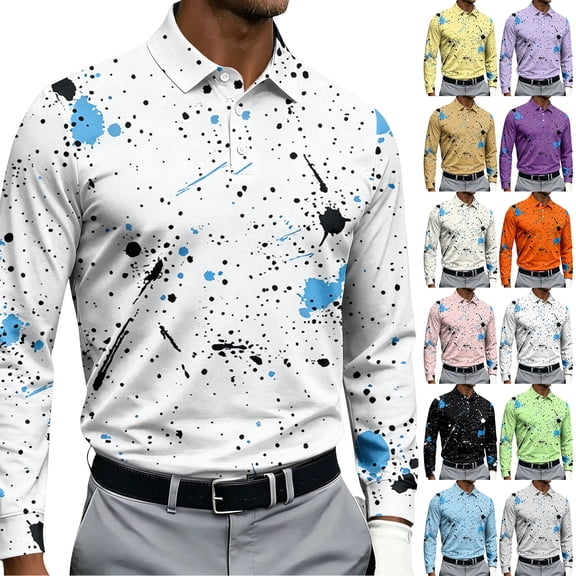Mens Turn Down Collar Long Sleeve Polo Shirt Creative Paint Splatter Print Three Button Placket Casual Athletic Top