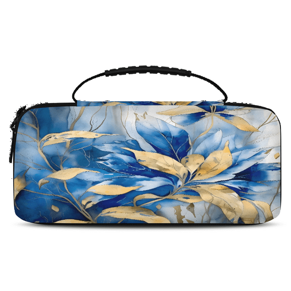 Herdesigns Blue Gold Leave Carrying Case for Nintendo Switch OLED Model 2021 & Switch 2017 with 20 Game Card Slots, Portable Travel Carry Case for Accessories and Console