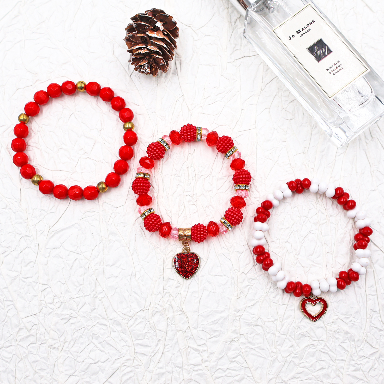 Jinswick 3-Piece Valentine's Day Bracelet Set Ladies Red Heart Charm Bracelet Elastic Bracelet Holiday Birthday Party Gift Wedding Anniversary Gift