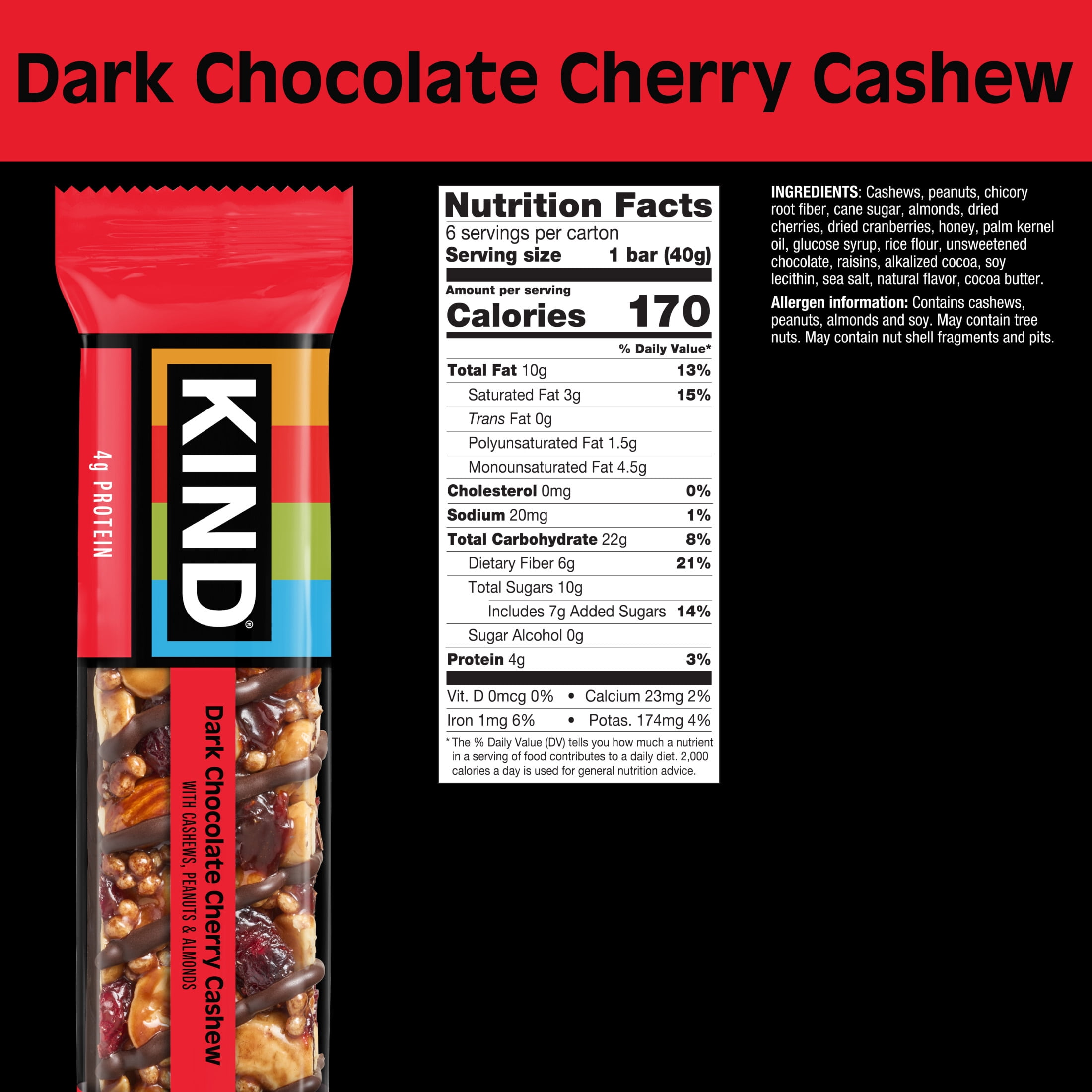 (6 pack) KIND Gluten Free Dark Chocolate Cherry Cashew Snack Bars, 1.4 oz, 6 Count Box
