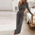 thumbnail image 5 of Womens Solid Ribbed 2 Piece Outfits ong Sleeve Crop Top with High Waist Wide Leg Pant Suits Pajamas Sets Loungewear, 5 of 7