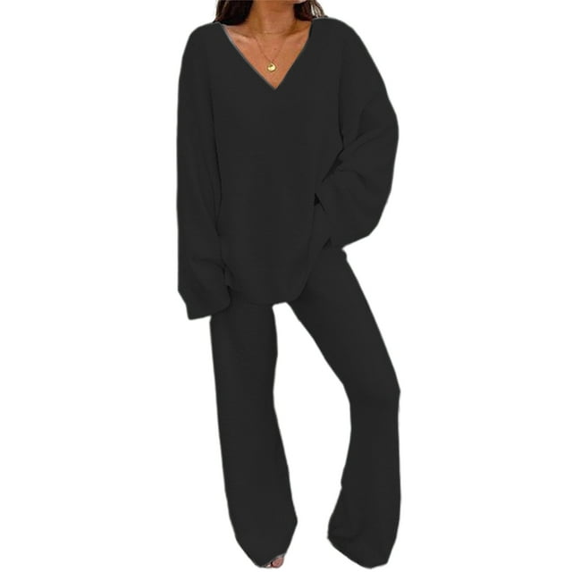 MAWCLOS Women Thick Wide Leg Lounge Sets Home Polar Fleece Pajamas Black S