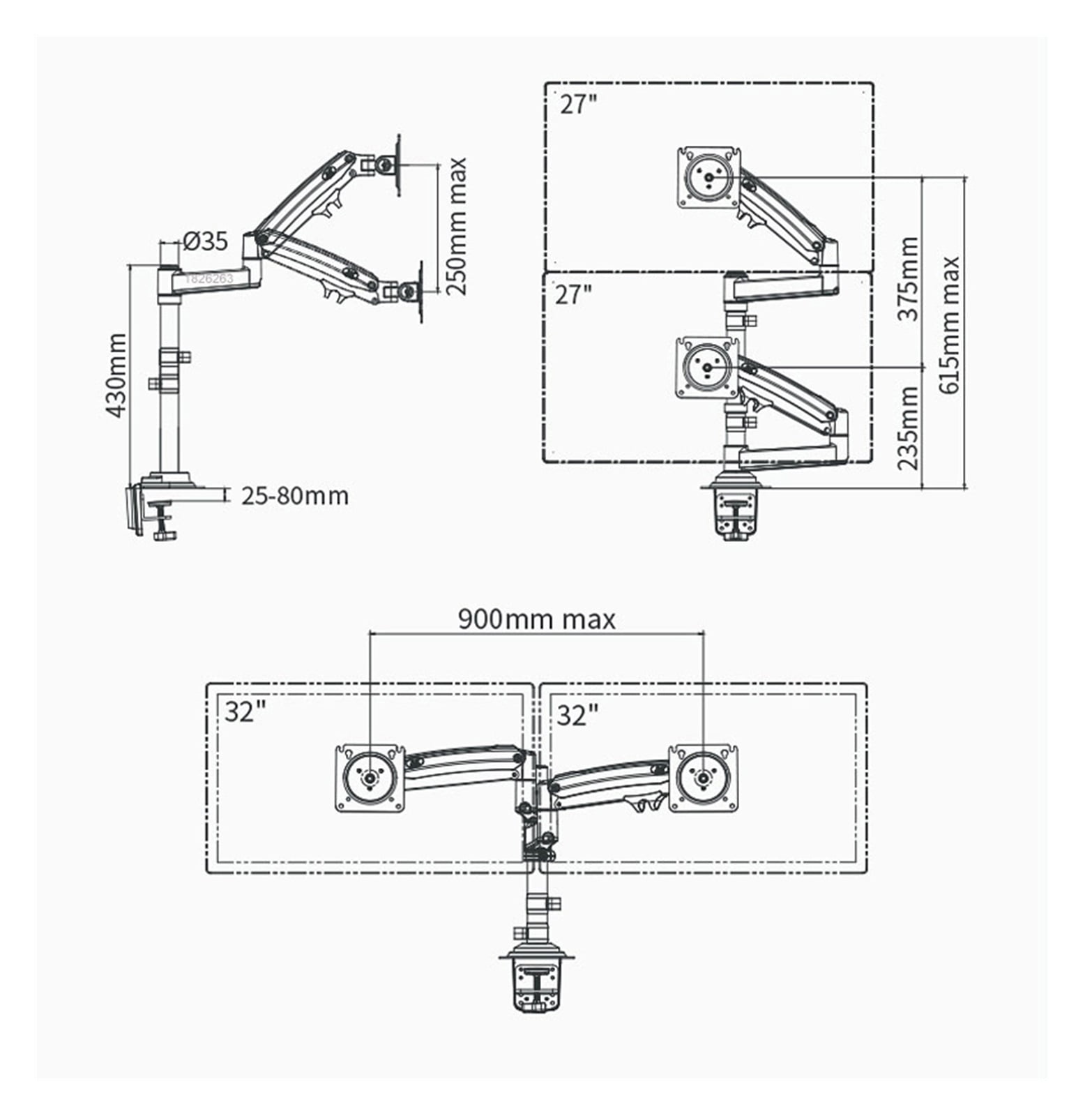 22"-32"Double Monitor Desk Holder Arm Gas Spring Full Motion LCD TV Mount 2-12kg Ergonomica Dual Arm Clamp Bracket ,Flexible and Strong Support