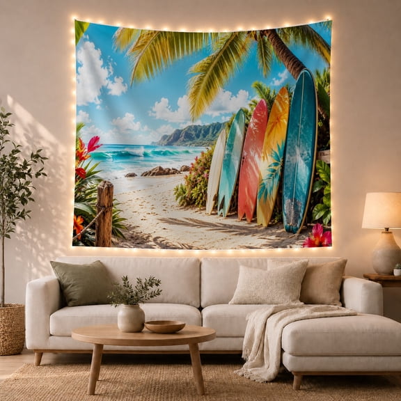 Ocean Waves Tropical with Beach Foreground Right Surfboards, Mystical Fantasy for Space Lovers, Galaxy Room Decor, Mother'S Day Gift, Tapestry Wall Hanging for Bedroom and Dorm