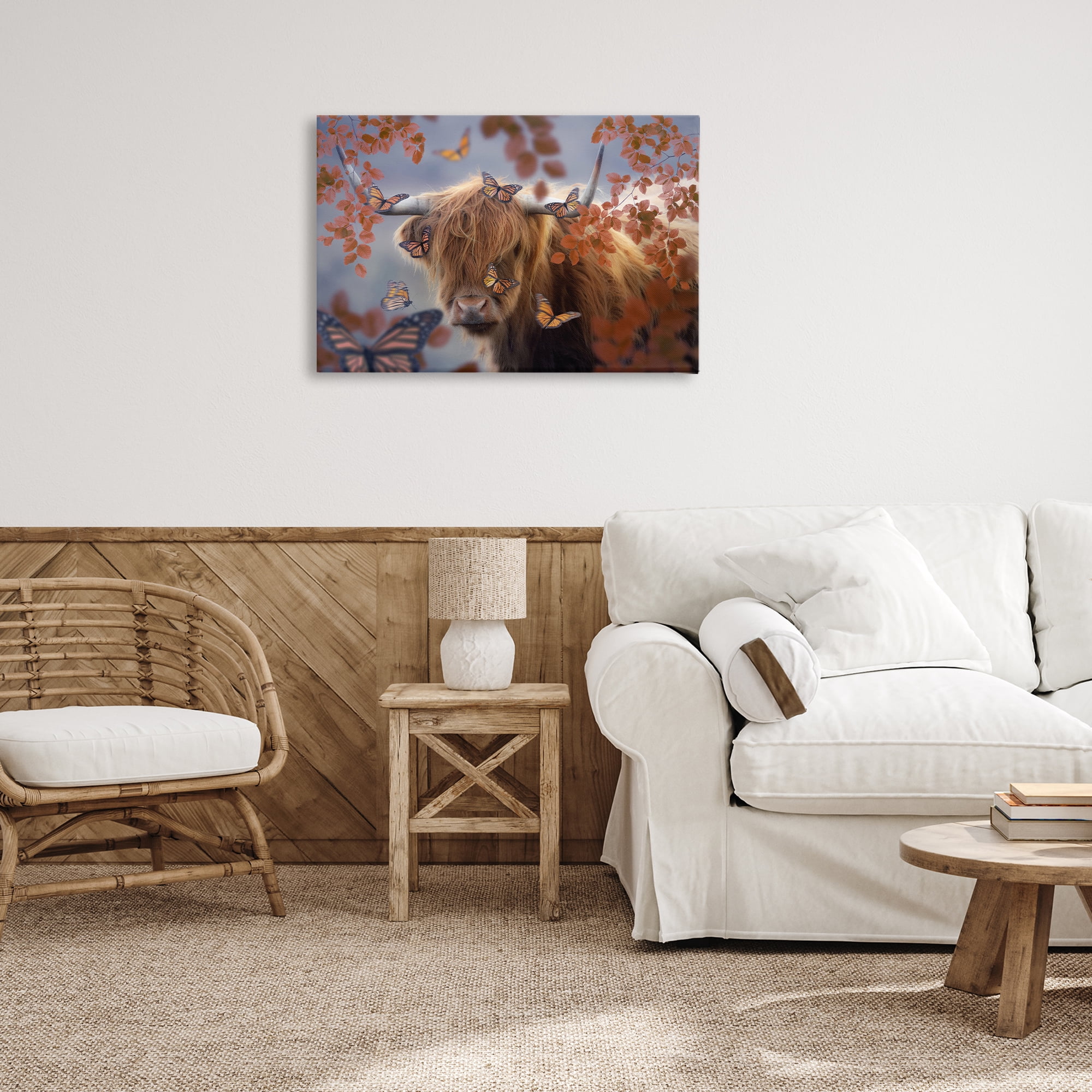 Stupell Industries Monarch Butterflies & Cattle Animals Painting Wrapped Canvas Art Print Wall Art, 30 x 20