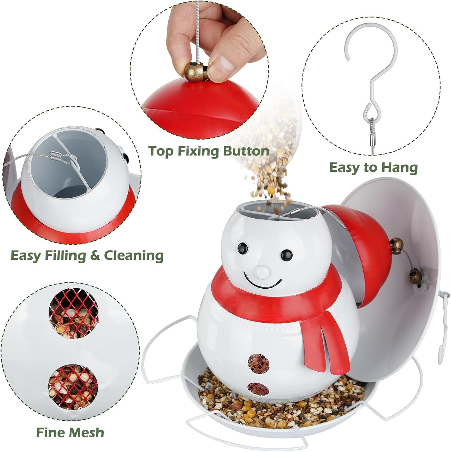 IWNTWY Wild Bird Feeder for Outside Hanging, 4LB Capacity Heavy Duty Metal Snowman Birdfeeder with 4 Perches