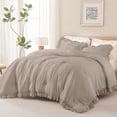 thumbnail image 3 of Light Brown Ruffle Comforter Cal King(104x96Inch), 3 Pieces(1 Ruffled Comforter and 2 Pillowcases) Solid Farmhouse Shabby Chic Bed, Vintage Rustic Soft Microfiber Bedding Set, 3 of 9