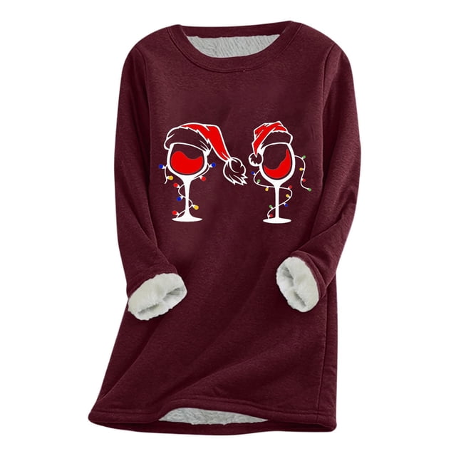 Offres de Liquidation! Aqestyerly Hauts de Noël pour Femmes Liquidation Mode Féminine Impression de Noël Manches Régulières Hiver Ample Vacances Décontracté Col Rond Chemise Hauts