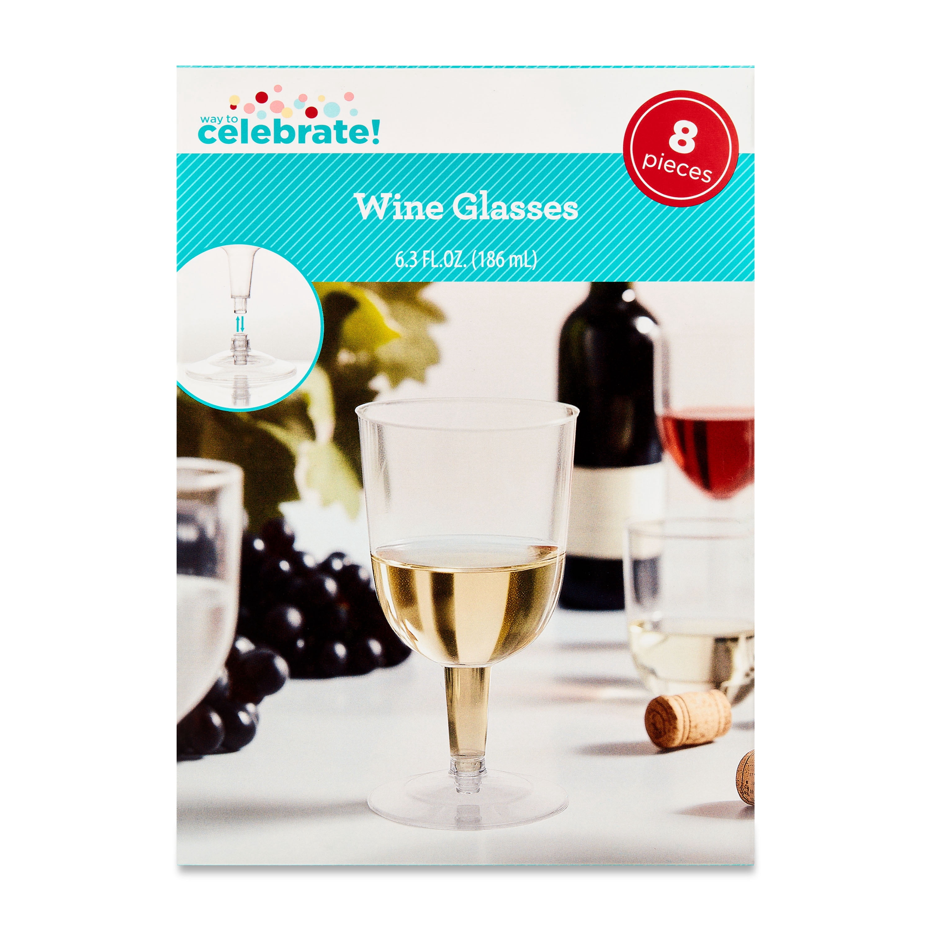 8 Count, 6.3 FL OZ, 4.8 x 2.6 IN Clear Plastic Wine Glasses, by Way To Celebrate