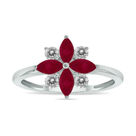 SZUL Women's 3/4 Carat TW Ruby and Diamond Flower Ring in 10K White Gold