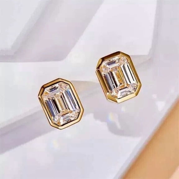3Ct Emerald Cut Lab Created Diamond Solitaire Stud Earrings 14K Yellow Gold Plated For Her