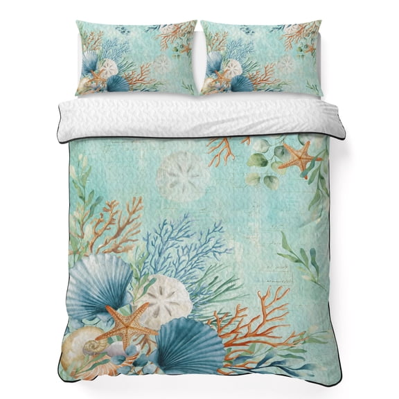 King Quilt Set 96''x106'', Teal Beach Coastal Lightweight Bedspread Coverlet Set with 2 Pillow Shams, Summer Nautical Coral Shell Botanical Breathable All Season Quilt Bedding for Bedroom/Guest Room