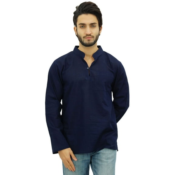 Atasi Men's Band Collar Blue Short Kurta Cotton Casual Tunic Shirt-Large
