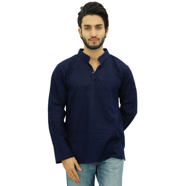 Atasi Kurta Court Bleu à Col Officier pour Homme en Coton, Tunique Décontractée - X-Grand