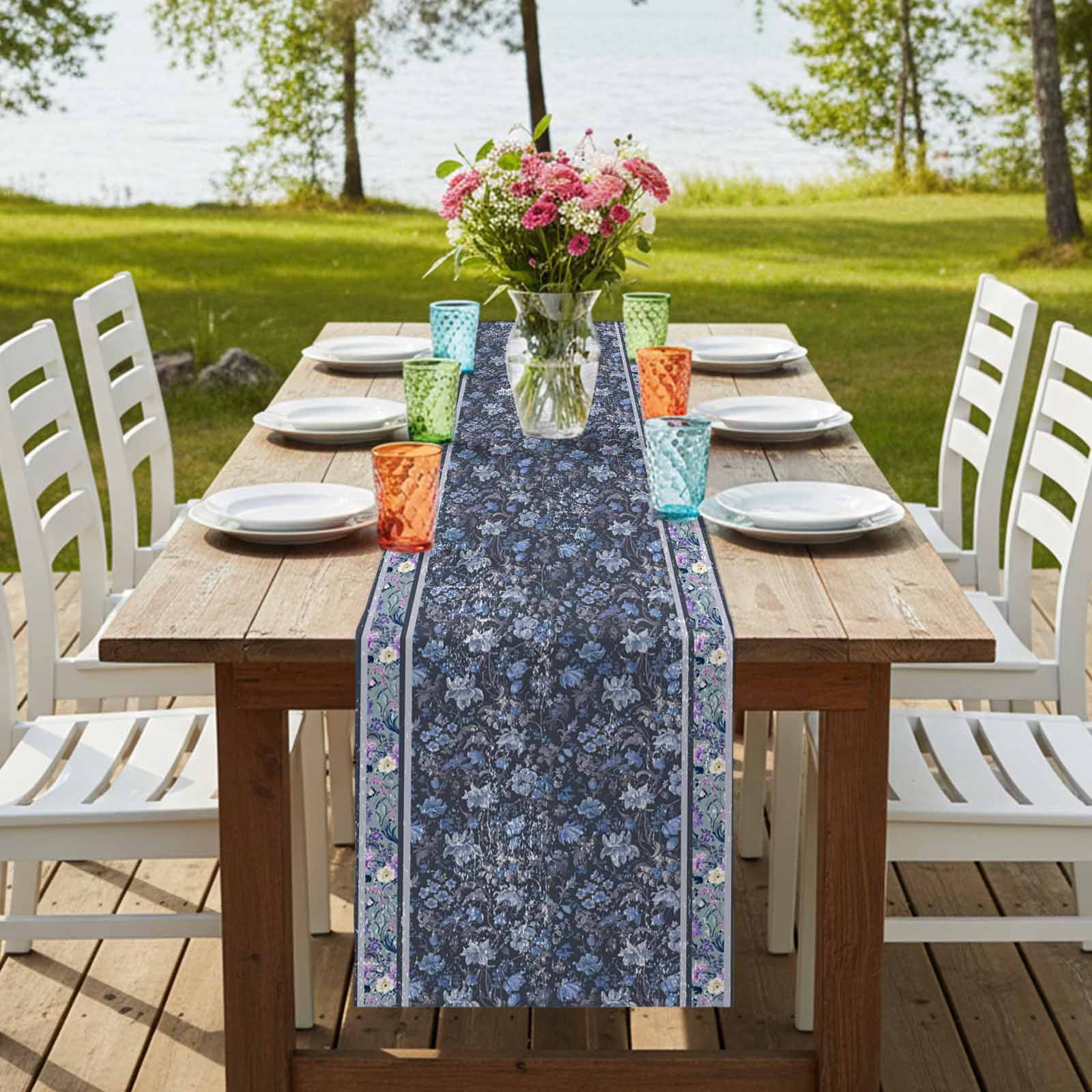 Table Runners 90 Inches Long Dress Scarves, Navy Blue Floral Farmhouse Coffee/Dining/Kitchen Table Runner for Living Room, Ethnic Tribe Abstract Art Flowers 13x90 Inch