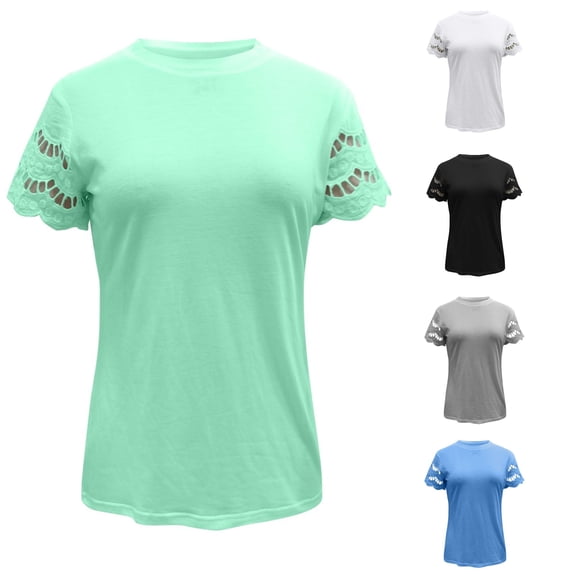 HCYSFG Girls Lace Sleeve T Shirts Crewneck Short Sleeve Hollow Out Floral Lace Detail Loose Fit Casual Blouse Summer Tops