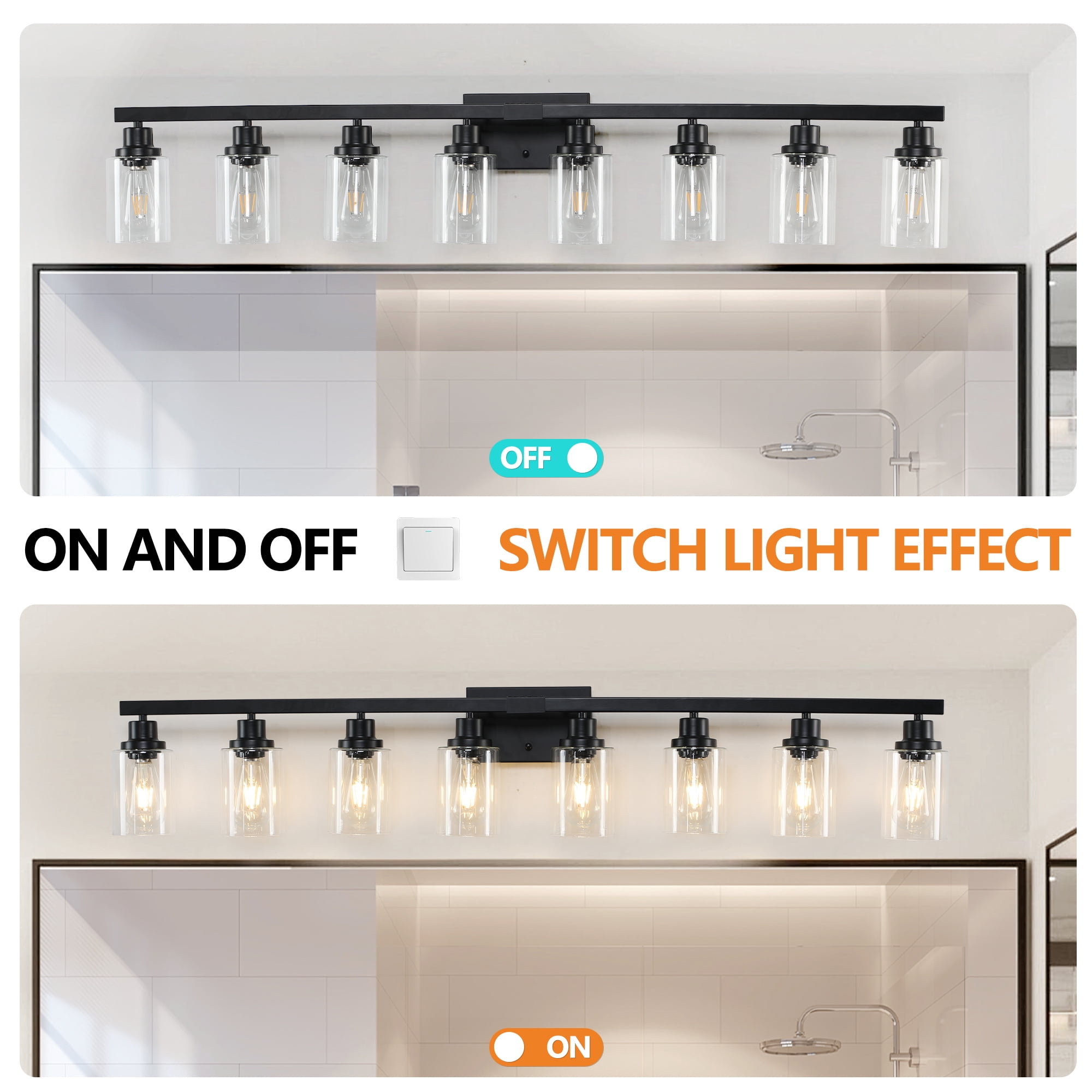Leumius Modern Black 8-Light Bathroom Vanity Light Fixture, Industrial Wall Sconce with Clear Glass Shades for Mirror, Bathroom, Bedroom and Hallway (No Bulbs)