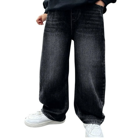 Gyexs Girls Wide Leg Jeans Elastic Waist Drawstring Outerwear Back To School Outfits Girls Hiking Pants Sportswear (Black 9-10 Years)