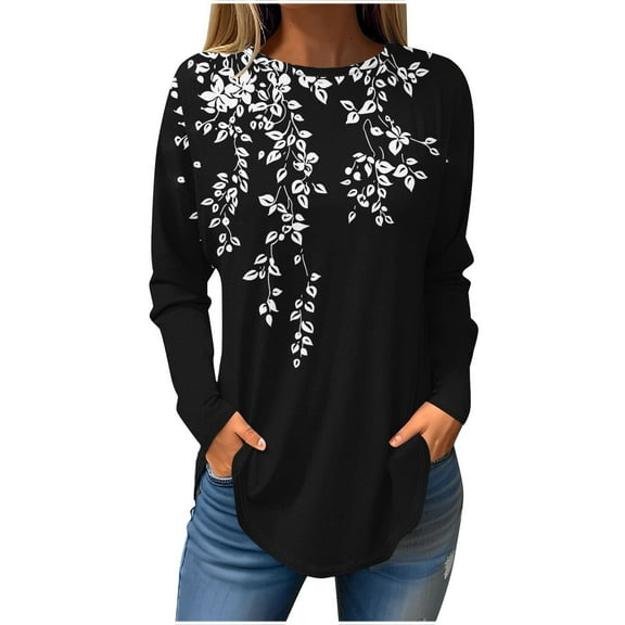 CHGBMOK Long Sleeve Shirts for Women Floral Printed Crew Neck Sweatshirt Casual Loose Blouses