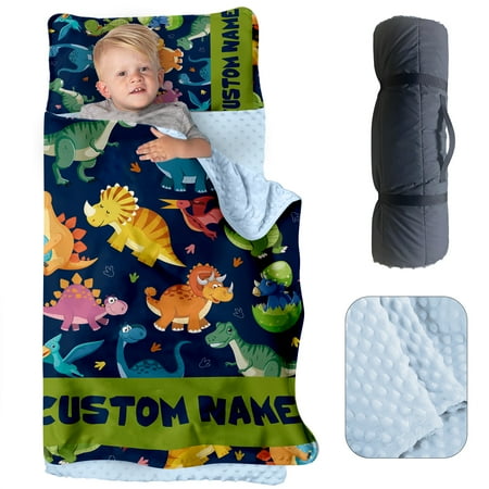 AOLOA Personalized Toddler Nap Mat for Daycare Custom Name Kids Sleeping Bag with Pillow and Blanket for Preschool Kindergarten Dark Blue Dinosaur Design Nap Mats Easy Carry