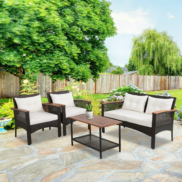 9-Piece Wicker Outdoor Sectional Conversation Set With Beige Cushions And Acacia Wood Legs