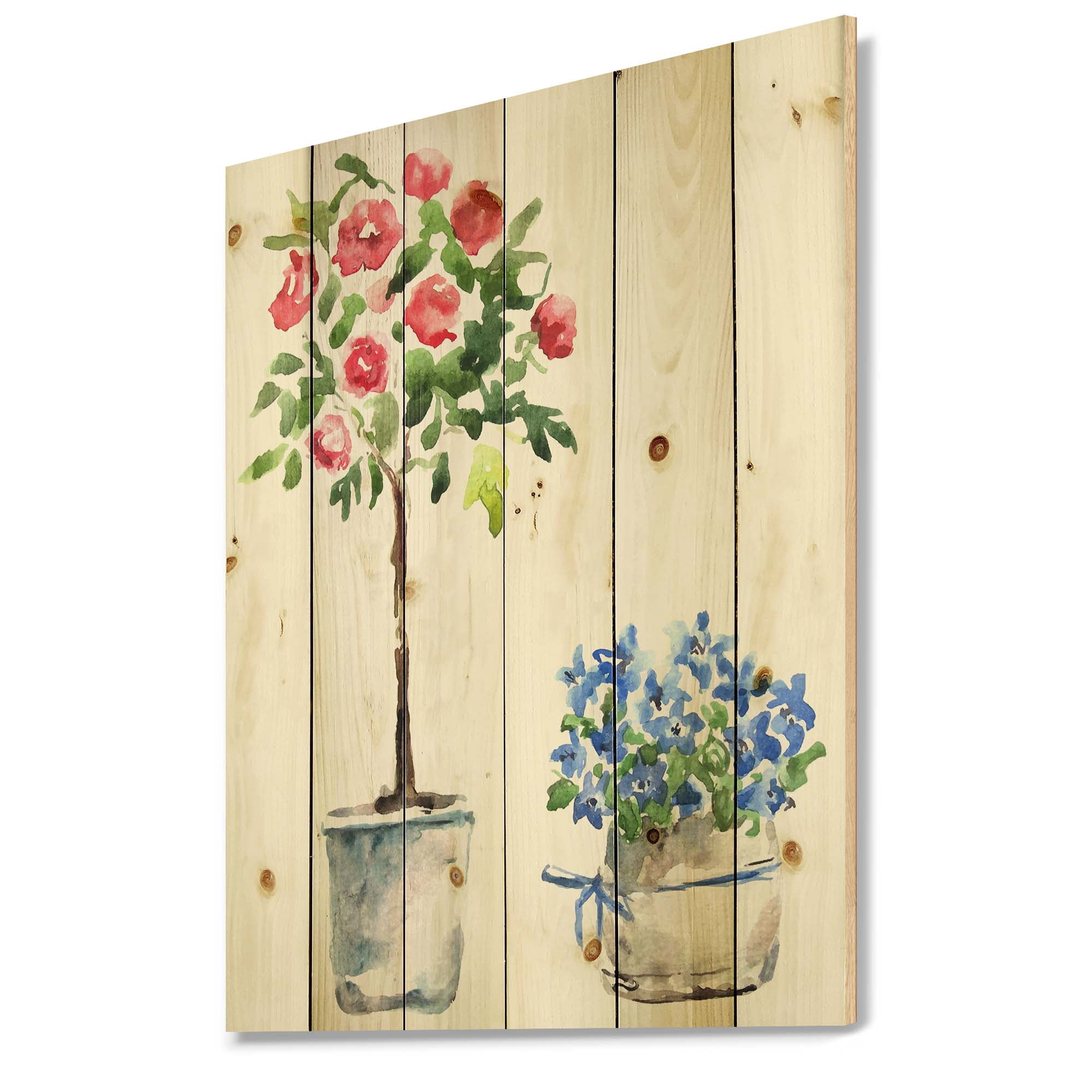 Designart 'Red and Blue Houseplants' Traditional Print on Natural Pine Wood