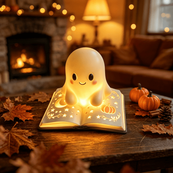 Halloween Ghost Night Light, 13cm Cute Resin Ghost Reading Book Lamp, Warm Lighted Indoor Figurine Lamps for Bedroom Shelf Decor