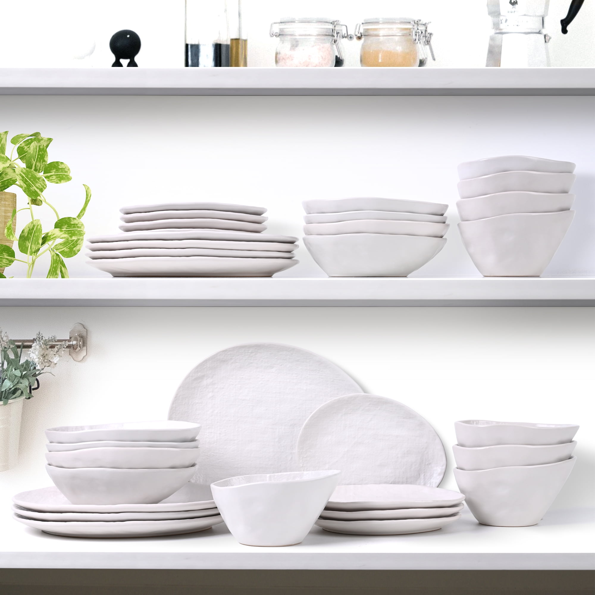 Linen Artisan Dinner Plate Set, 4 Pieces Dinnerware Dishes Set, Porcelain Salad Plates, Irregular 11 Inches Ceramic Plates Suitable for Steak, Pasta, Pizza, Home, Party, White, Large