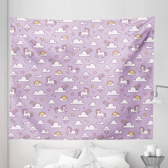 Unicorn Party Tapestry, Rainbow with Mythical Animals and Stars on Pastel Colored Sky Background, Fabric Wall Hanging Decor for Bedroom Living Room Dorm, 5 Sizes, Multicolor, by Ambesonne
