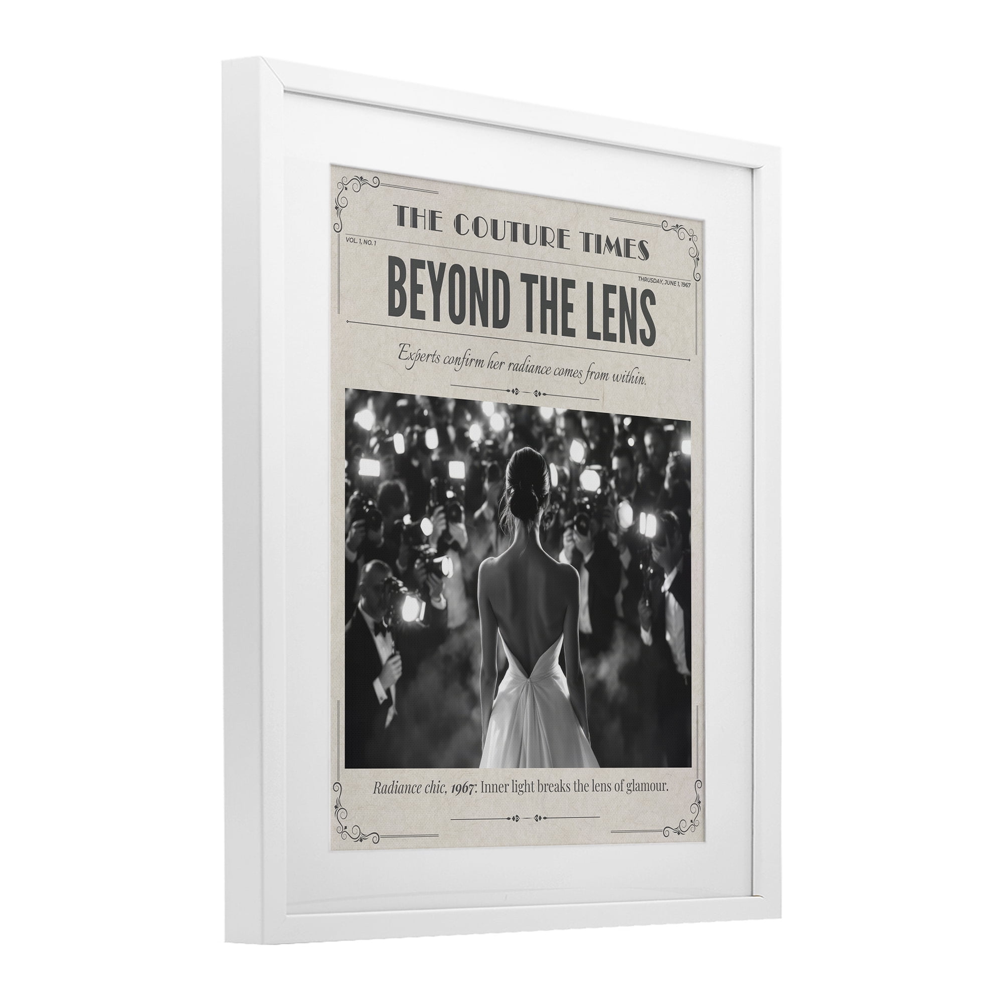 The Couture Times Magazine White Framed Print Under Glass, design by A Barefoot Stylist