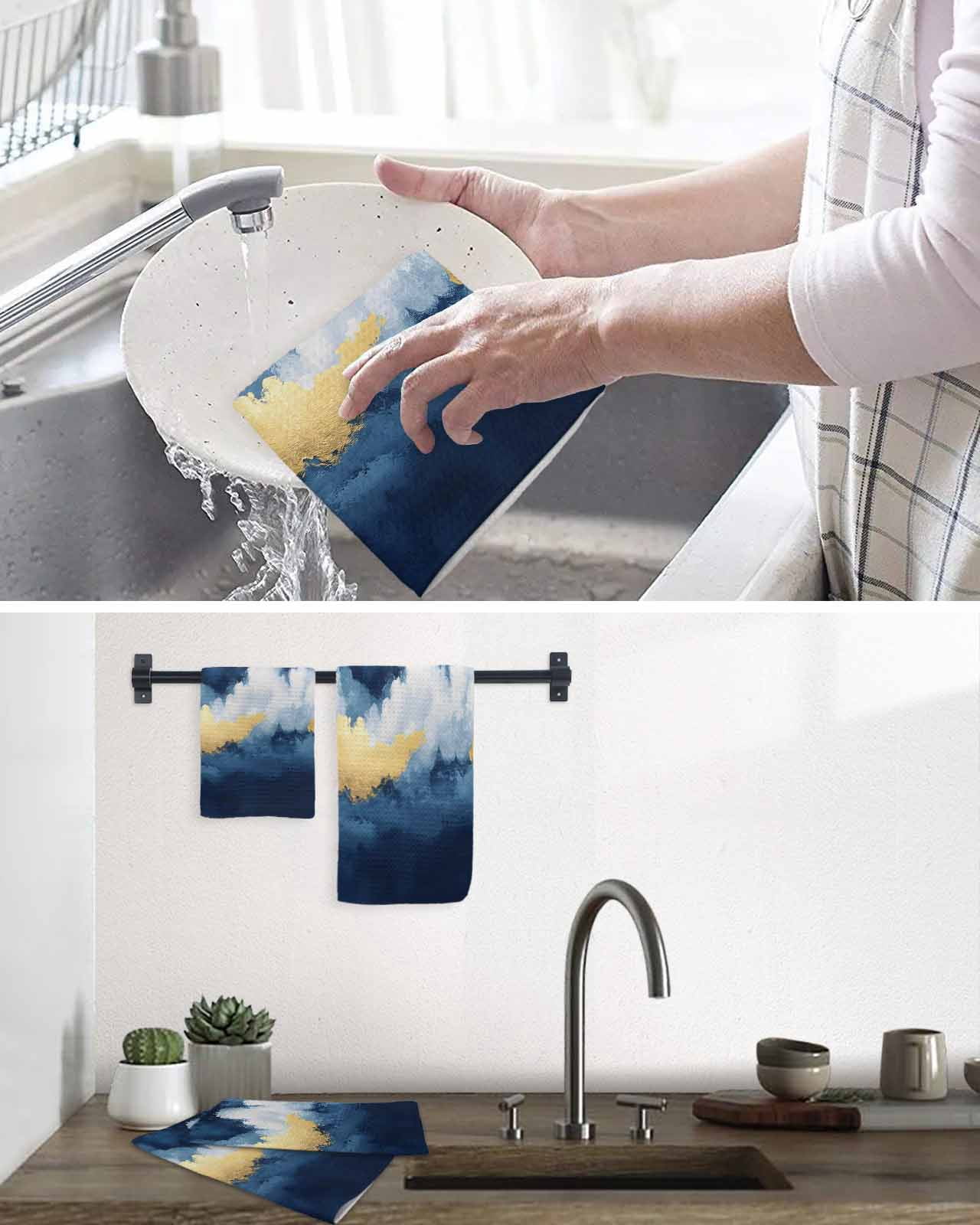 Navy Blue Kitchen Dish Towels for Drying Dishes Set of 3, Abstract Modern Oil Painting Art Waffle Weave Microfiber Hand Tea Bathroom Towels Quick Dry & Absorbent Towel 15.7x23.6