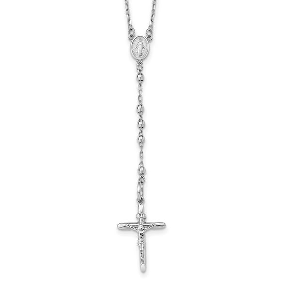 14K White Gold Rosaries Necklace Chain Diamond-cut 3mm Beaded Rosary 24 inch