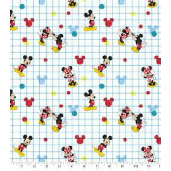 Mickey Mouse Grid Blue Cotton Fabric