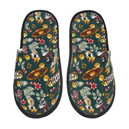 Balery Vintage Casino Chips Slient Indoor Furry Fleece Comfort House Shoes Soft Non-Slip Home Shoes Cotton slippers House Slippers-- Medium