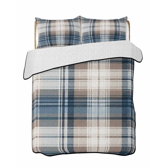 Blue Brown Plaid Summer Quilt Set Queen Size, Soft Microfiber Quilted Bedding Set with 2 Pillow Shams, Vintage Abstract Stripes Lattice Lightweight All Season Bedspread Coverlet for Bedroom 90"x96"