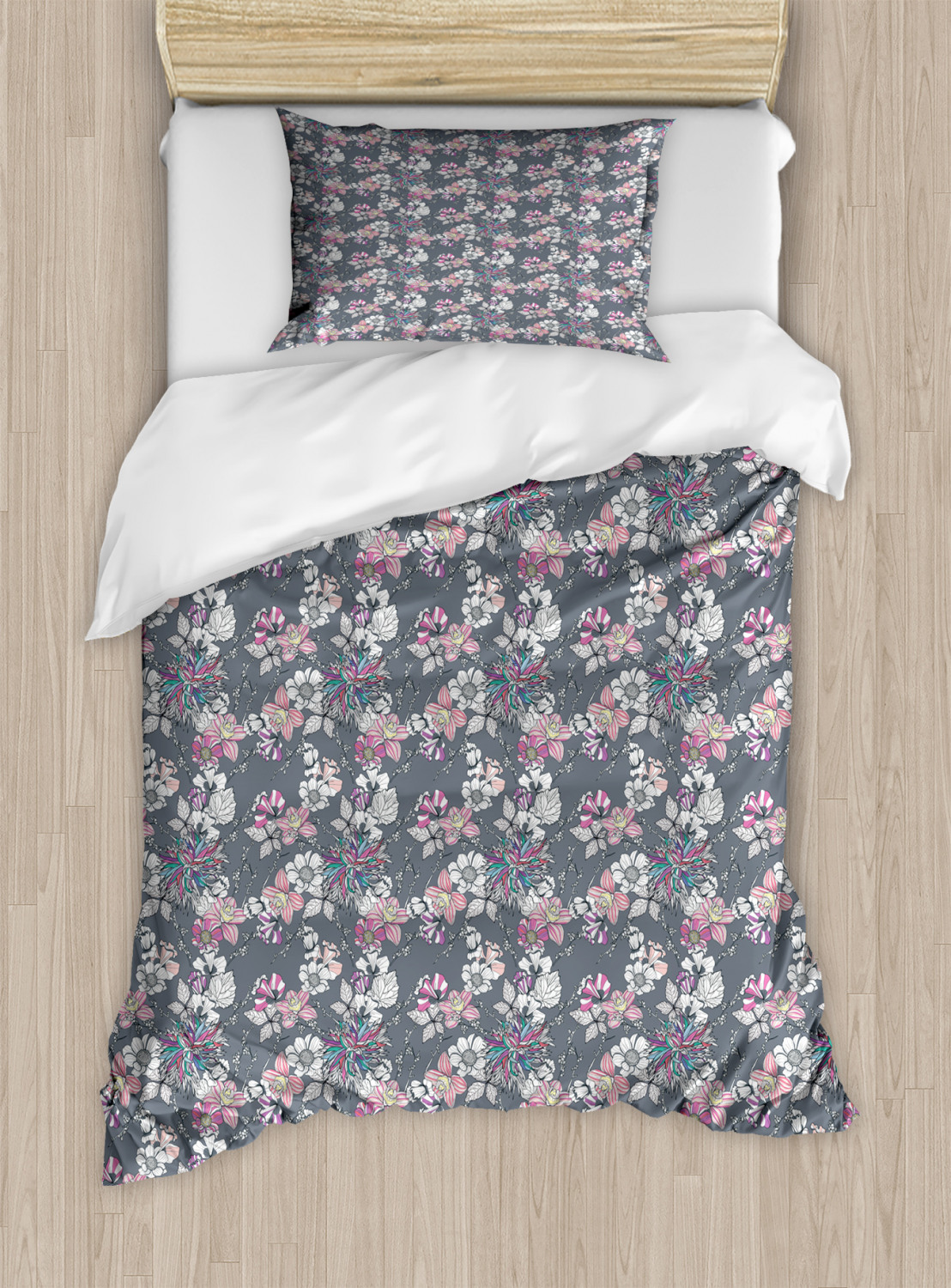 Floral Twin Size Duvet Cover Set, Ornamental Design of Fuzzy Dahlia ...