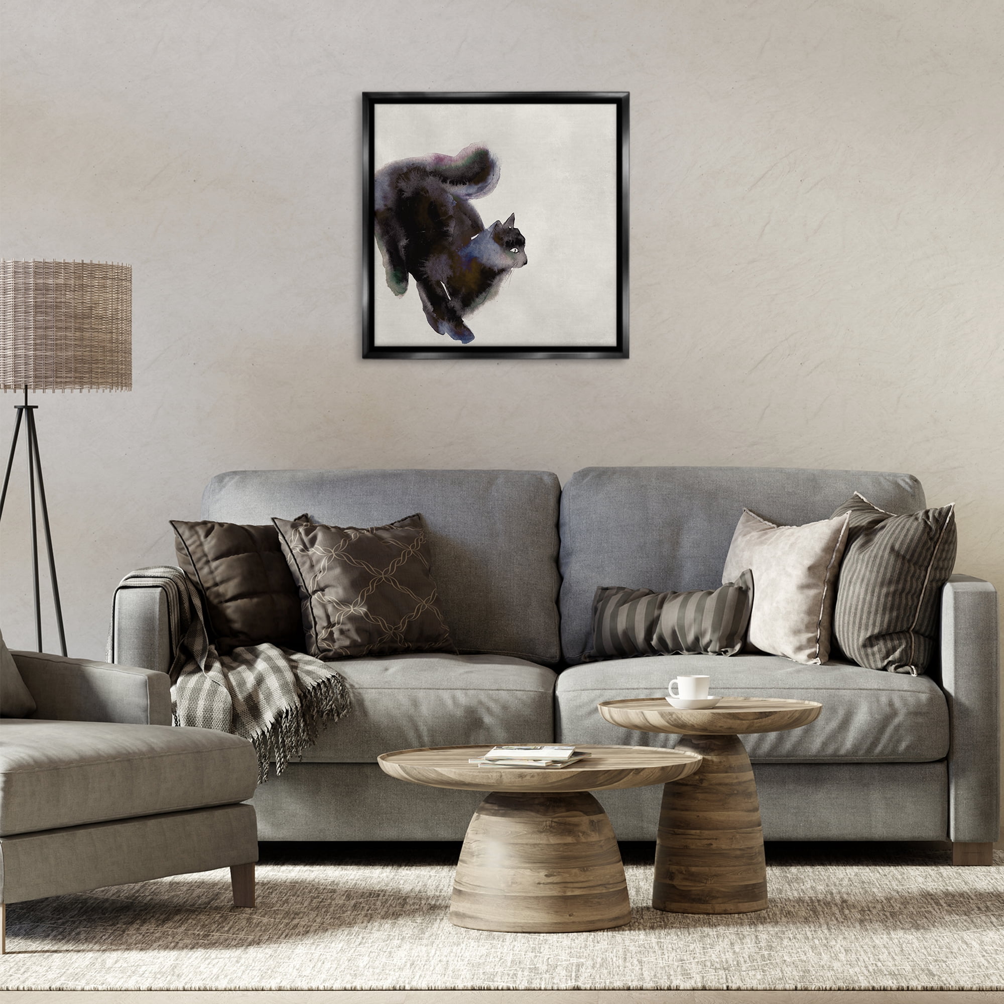 Stupell Industries Black Cat Watercolor Animals Painting Black Floater Framed Canvas Art Print Wall Art, 25 x 25
