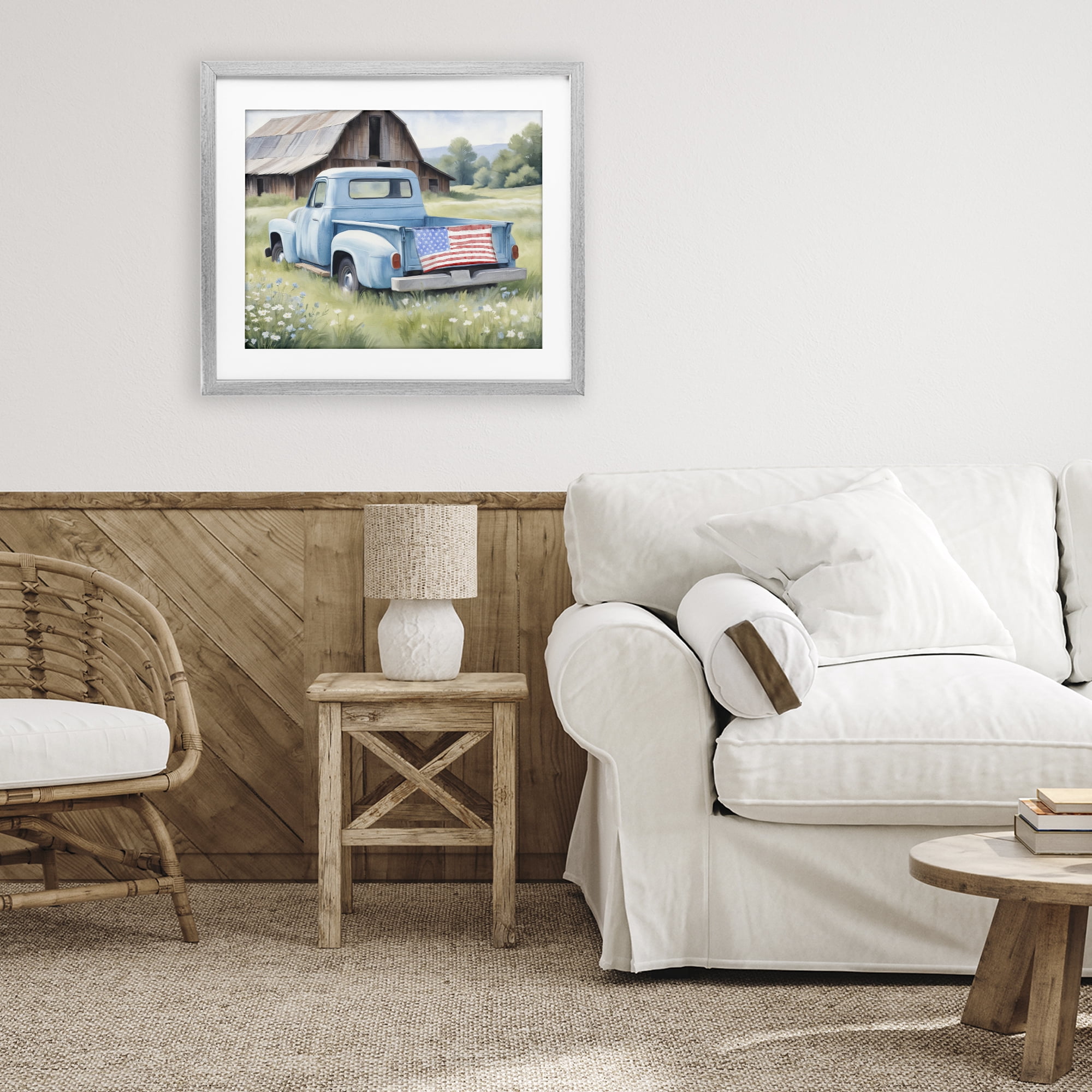 Stupell Industries American Pride Truck on Farm Gray Framed Print Under Glass, design by Kim Allen