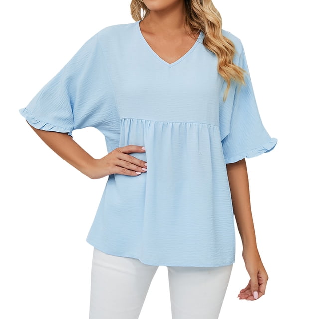 YDLCAFD Pâques Femmes Mode Été Manches Courtes Col en V Tops Couleur Unie T-Shirt Décontracté