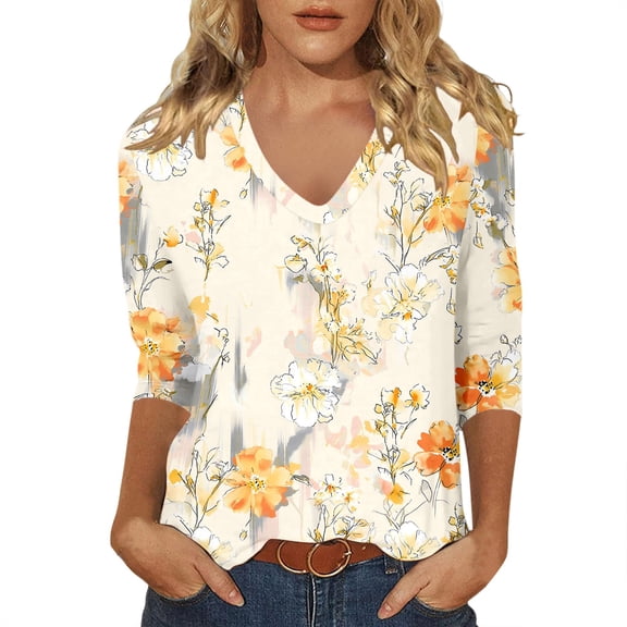 CONZONE Womens T-Shirts 3/4 Sleeve T Shirts for Women Casual V Neck Floral Graphic Lightweight Tees Soft Cozy Athletic Tops