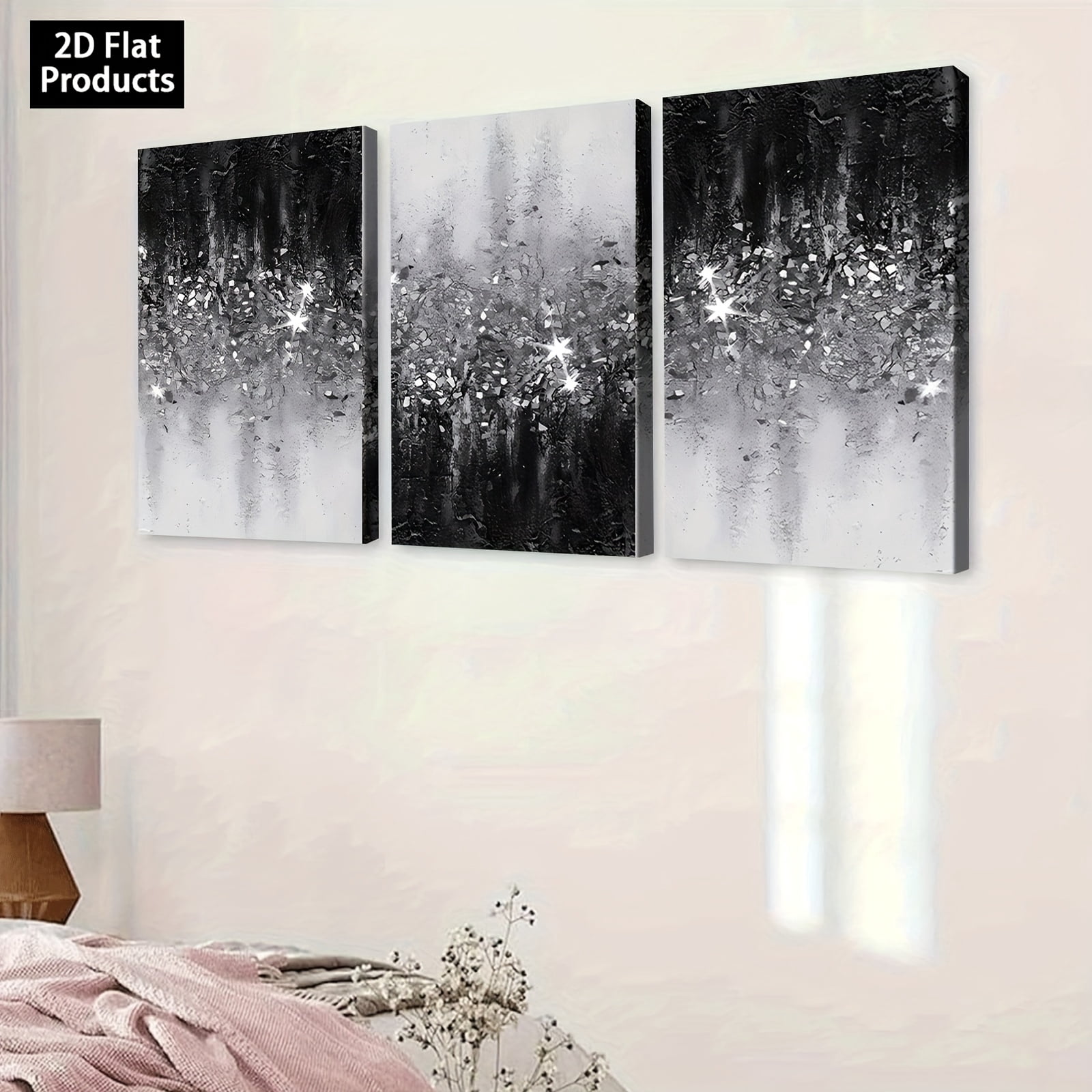 3pcs Modern Abstract Black & White Sparkling Wall Art | Framed Wrapped Canvas Paintings, Vertical Contemporary Shiny Decor Suitable for Living Room, Bedroom, Corridor - Ideal for Halloween,
