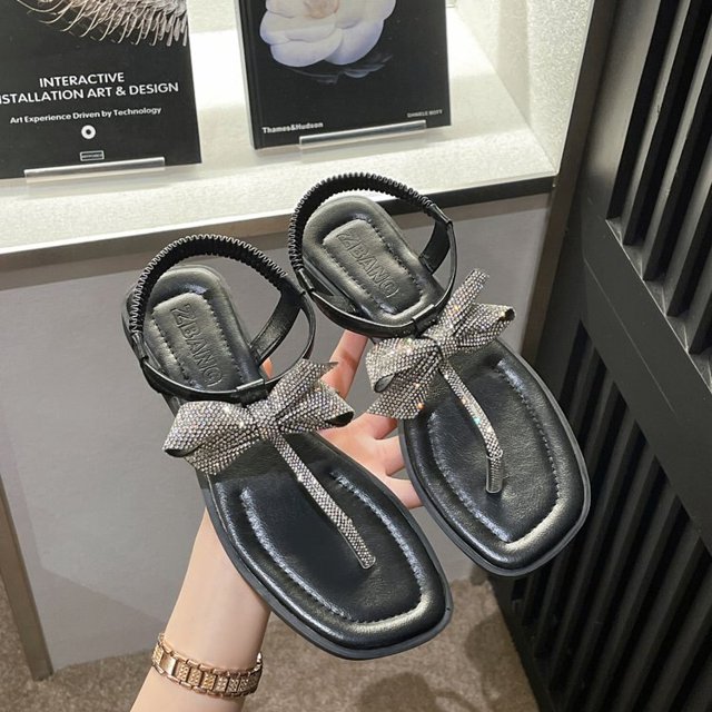 Sandalias planas con lazo de lentejuelas de lujo para mujer, sandalias tipo Tanga con correa en el tobillo, sandalias cómodas de estilo Simple a la moda, zapatos para mujer Sandal39 Gao Jinjia LED