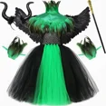 thumbnail image 2 of Disfraz de bruja de Halloween para niñas, reina malvada, Malefice, disfraz de cosplay, vestido con tutú, capa de plumas, disfraz de carnaval para niños, 2 of 5