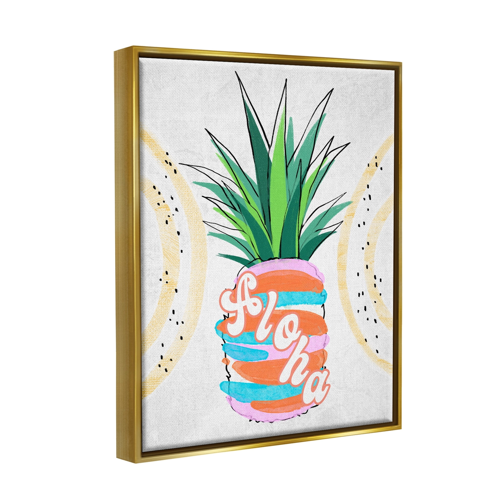 Stupell Industries Tropical Aloha Pineapple Bold Leaves Groovy Text Graphic Art Metallic Gold Floating Framed Canvas Print Wall Art, Design by Ziwei Li