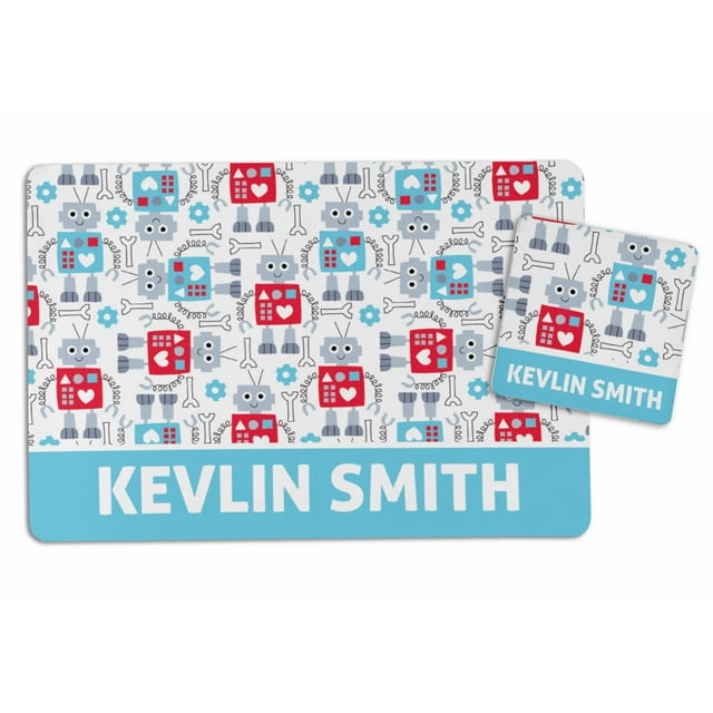 Printtoo Personalized Placemat & Coaster Set For Kids Toddlers,Birthday Gift For Boys,Gift For Girls,Robot-8x11.5 Inch
