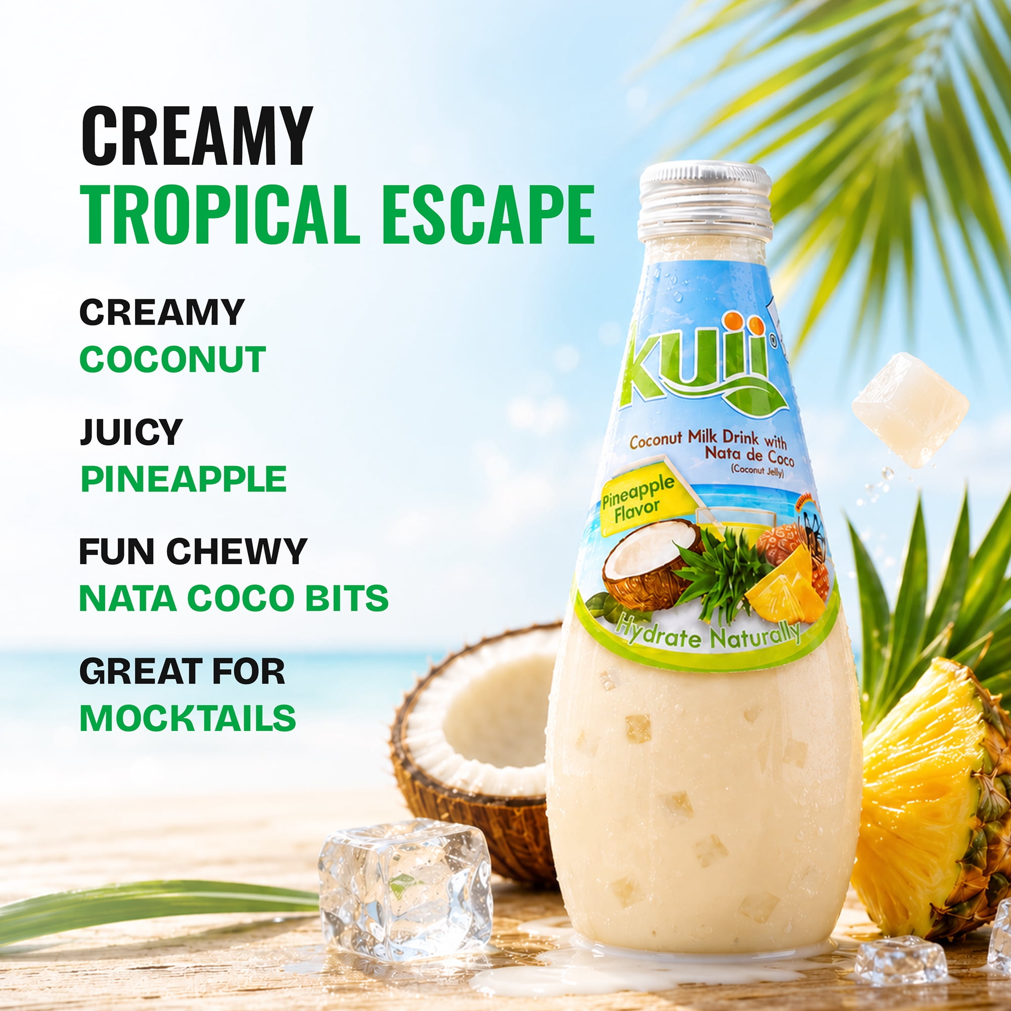 (7 pack) Kuii Drinks Coconut Milk with Nata de Coco, Pineapple, 290 mL Single Glass Bottle
