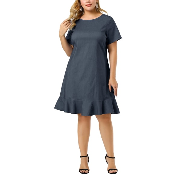 Vestido de mujer de talgrande con dobladillo con volantes Chambray Casual mancorvestidos Azul oscuro 3X
