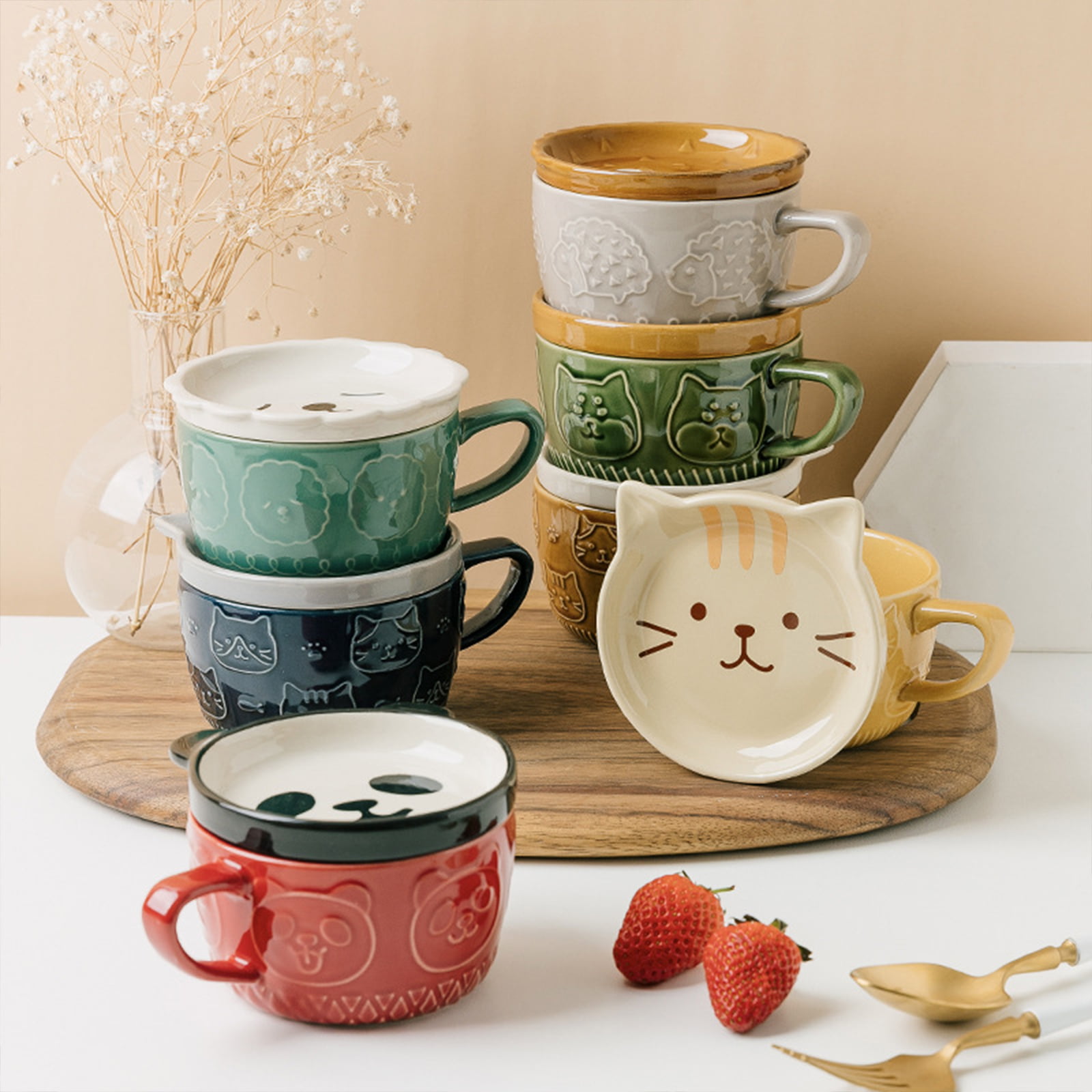 1pc 12oz Cat Mugs Cute Ceramic Coffee Cups with Kawaii Bamboo Lid