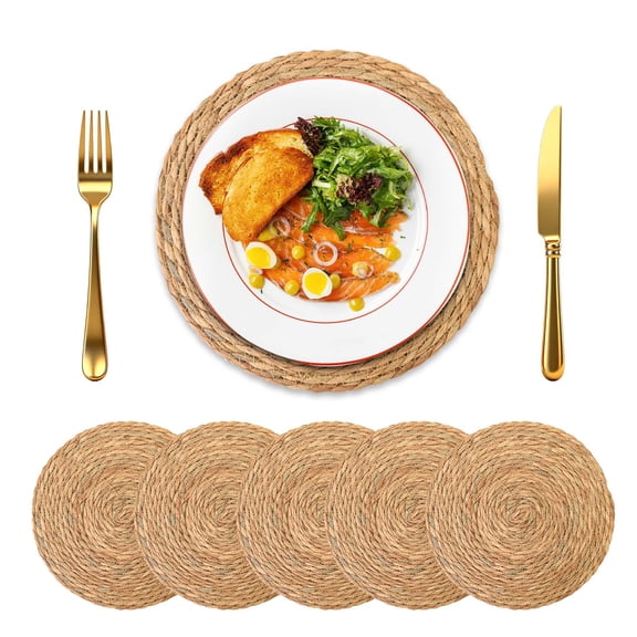 5-Pack Natural Woven Placemats 12" Round Heat-Resistant Table Mats for Dining Table, Kitchen, Restaurant