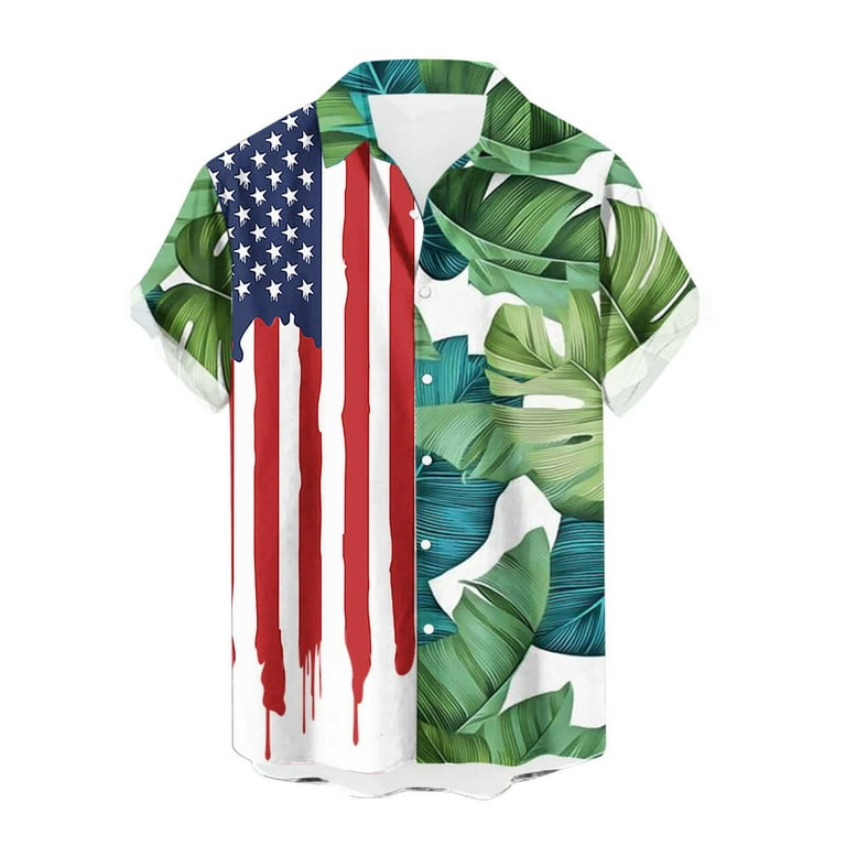 VSSSJ Button Down Shirt for Men Relaxed Fit Hawaiian USA Flag Graphic Print  Short Sleeve Turndown Collar Shirts Casual Patriotic Fashion Tee Blue M